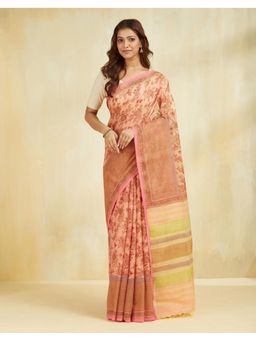 Fabindia - Women Peach Cotton Silk Floral Saree Without Blouse