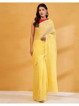 Fabindia - Women Yellow Cotton Silk Embroidered Saree Without Blouse