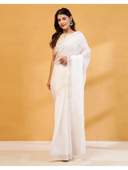 Fabindia - Women White Cotton Silk Embroidered Saree Without Blouse