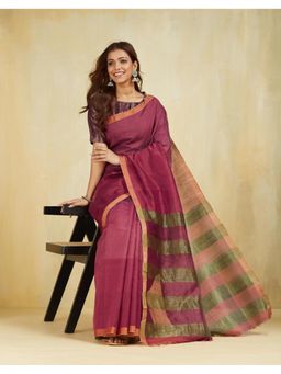 Fabindia - Women Pink Cotton Silk Woven Saree Without Blouse