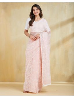 Fabindia - Women Pink Cotton Silk Embroidered Saree Without Blouse