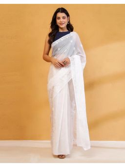 Fabindia - Women White Cotton Silk Embroidered Saree Without Blouse