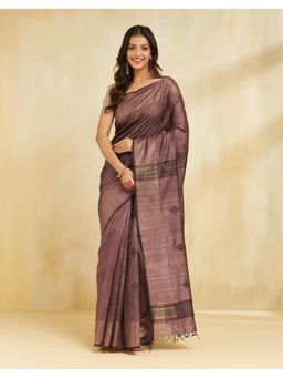 Fabindia - Women Maroon Silk Woven Saree Without Blouse