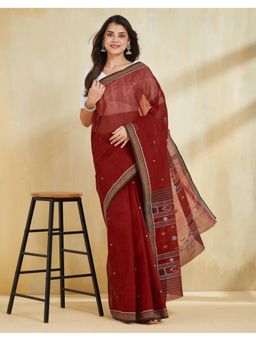 Fabindia - Women Maroon Cotton Woven Saree Without Blouse