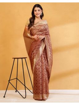 Fabindia - Women Pink Silk Blend Woven Saree Without Blouse