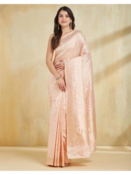 Fabindia - Women Peach Silk Blend Woven Saree Without Blouse