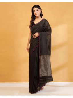 Fabindia - Women Charcoal Cotton Silk Stripes Saree Without Blouse