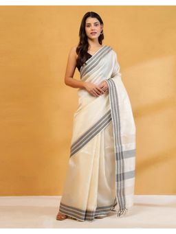 Fabindia - Women Off White Silk Blend Woven Saree Without Blouse