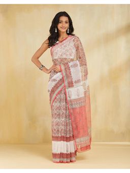 Fabindia - Women White Cotton Silk Printed Saree Without Blouse
