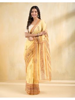 Fabindia - Women Yellow Cotton Silk Printed Saree Without Blouse