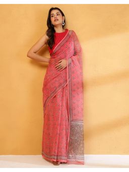 Fabindia - Women Pink Cotton Silk Printed Saree Without Blouse
