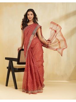 Fabindia - Women Red Cotton Silk Printed Saree Without Blouse