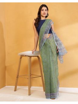 Fabindia - Women Green Cotton Silk Printed Saree Without Blouse