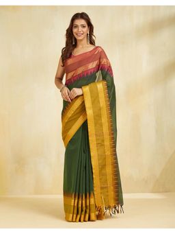 Fabindia - Women Green Cotton Blend Woven Saree Without Blouse
