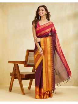 Fabindia - Women Wine Cotton Blend Woven Saree Without Blouse