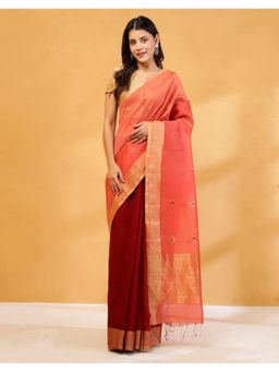 Fabindia - Women Orange Cotton Silk Colorblock Saree Without Blouse