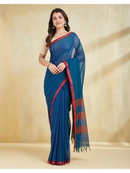 Fabindia - Women Teal Cotton Blend Woven Saree Without Blouse