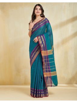 Fabindia - Women Teal Cotton Blend Woven Saree Without Blouse