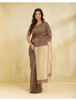Fabindia - Women Brown Linen Blend Woven Saree Without Blouse