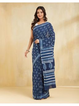Fabindia - Women Indigo Cotton Printed Saree Without Blouse