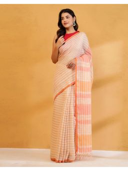 Fabindia - Women Orange Linen Stripes Saree Without Blouse