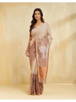 Fabindia - Women Brown Linen Blend Colorblock Saree Without Blouse