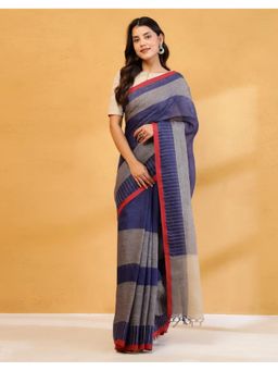 Fabindia - Women Blue Linen Colorblock Saree Without Blouse