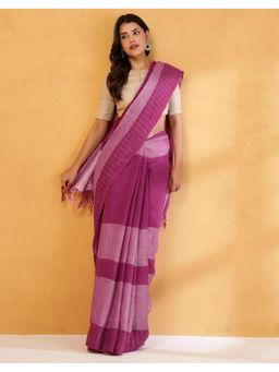 Fabindia - Women Pink Linen Colorblock Saree Without Blouse