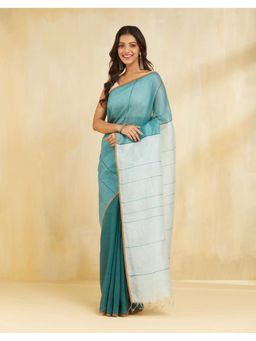 Fabindia - Women Turquoise Linen Blend Woven Saree Without Blouse
