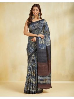 Fabindia - Women Blue Silk Printed Saree Without Blouse