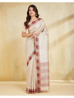 Fabindia - Women Beige Silk Blend Woven Saree Without Blouse
