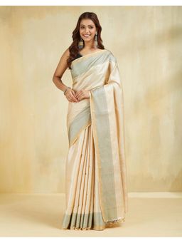 Fabindia - Women Beige Silk Blend Woven Saree Without Blouse