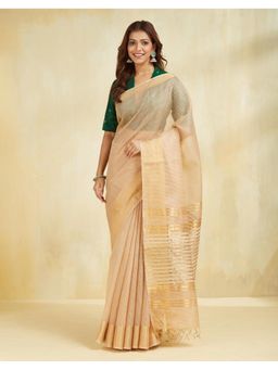 Fabindia - Women Beige Silk Blend Stripes Saree Without Blouse