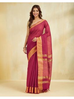 Fabindia - Women Maroon Silk Blend Stripes Saree Without Blouse