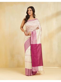 Fabindia - Women Beige Silk Woven Saree Without Blouse