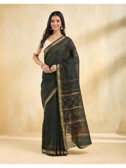 Fabindia - Women Green Cotton Silk Printed Saree Without Blouse