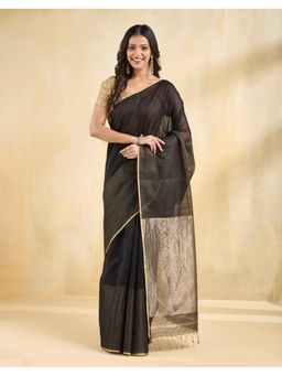 Fabindia - Women Black Cotton Silk Solid Saree Without Blouse