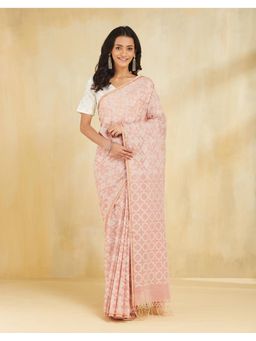 Fabindia - Women Pink Cotton Blend Woven Saree Without Blouse