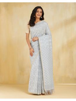 Fabindia - Women Blue Cotton Blend Woven Saree Without Blouse