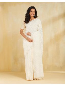 Fabindia - Women Beige Cotton Blend Woven Saree Without Blouse