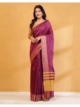 Fabindia - Women Purple Silk Blend Woven Saree Without Blouse