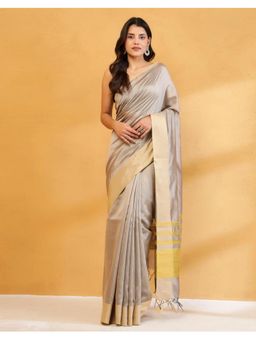 Fabindia - Women Silver Silk Blend Woven Saree Without Blouse