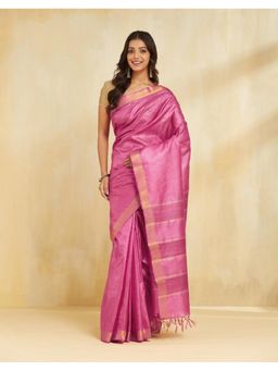 Fabindia - Women Pink Silk Blend Woven Saree Without Blouse