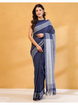 Fabindia - Women Blue Cotton Checks Saree Without Blouse