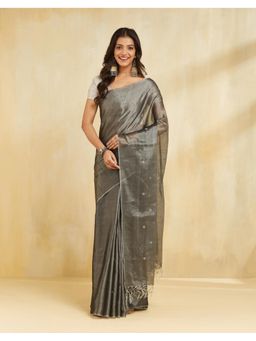 Fabindia - Women Green Cotton Blend Woven Saree Without Blouse