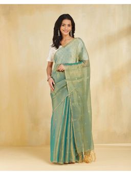 Fabindia - Women Green Cotton Blend Solid Saree Without Blouse
