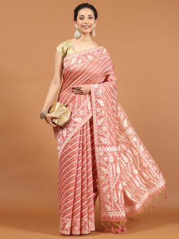 MEENA BAZAAR - Women Peach Art Silk Stripes Saree with Unstitched Blouse