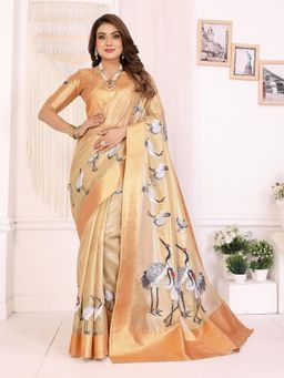 Elora - Women Gold Tissue Printed Saree with Unstitched Blouse