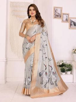 Elora - Women Silver Tissue Printed Saree with Unstitched Blouse