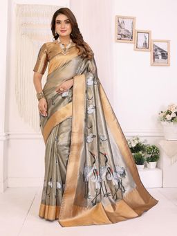 Elora - Women Grey Tissue Printed Saree with Unstitched Blouse
